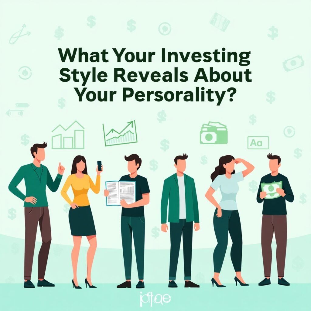 People confidently watching stock charts, another calmly reviewing a retirement plan, someone looking anxious at market news on a phone, and another person skeptically holding cash or real estate brochures. Background includes soft financial icons like graphs, candlesticks, and dollar signs