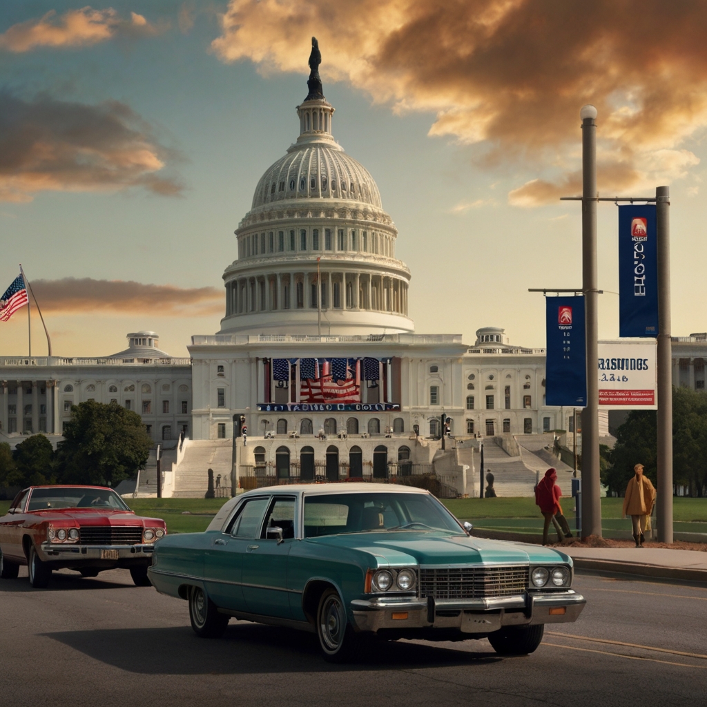 Illustration of the White House with symbolic financial and political icons around it, such as dollar signs, tax documents, a ballot box, and infrastructure symbols—representing how government decisions influence everyday life