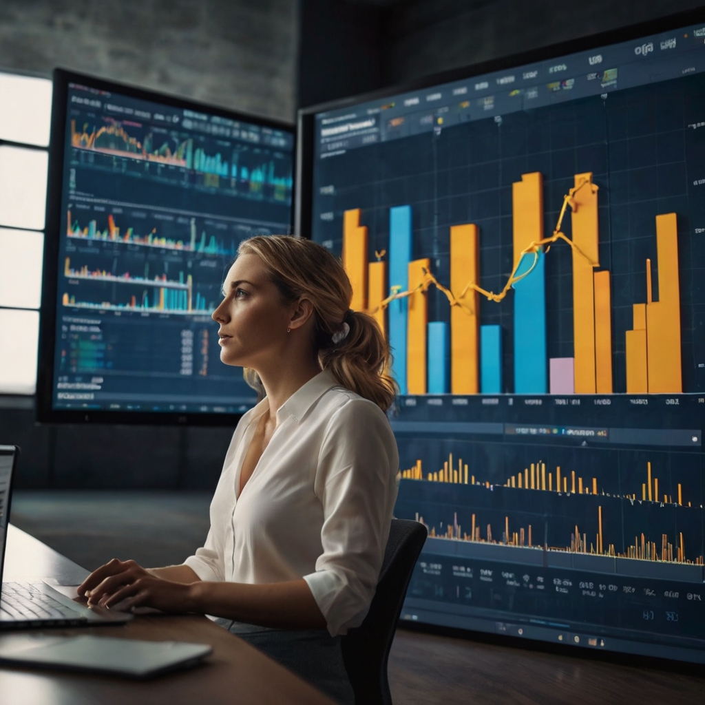 woman reviewing financial documents with focus—highlighting the contrast in how women approach investing decisions. Background includes financial icons like graphs signs.