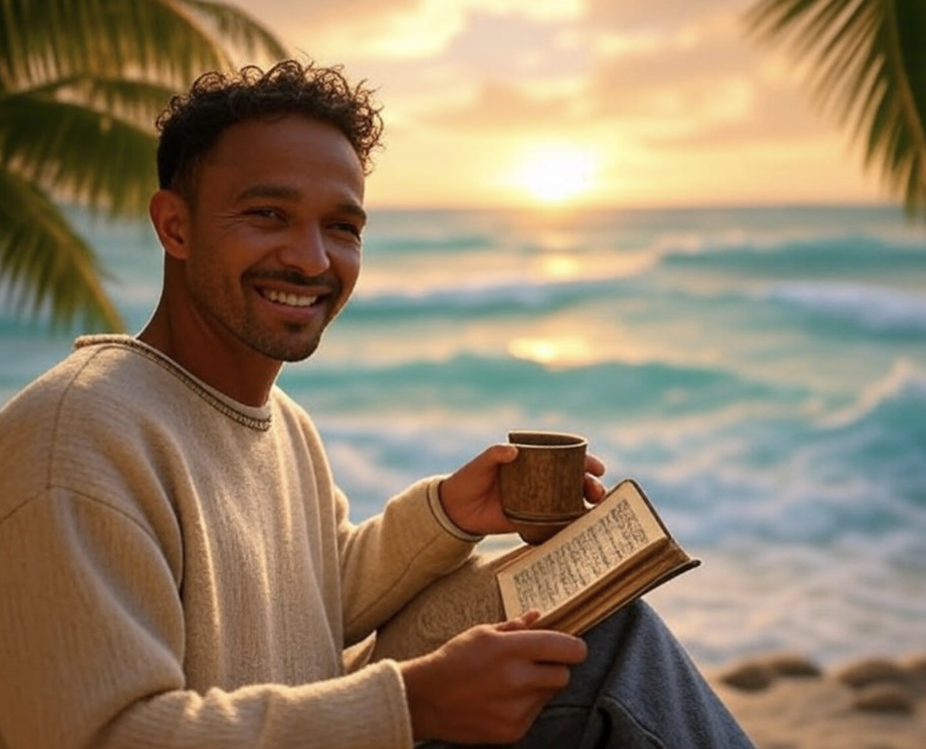 A person enjoying a peaceful morning on a beach with coffee and a journal, surrounded by plants and sunlight—symbolizing a calm, happy, and mindful lifestyle