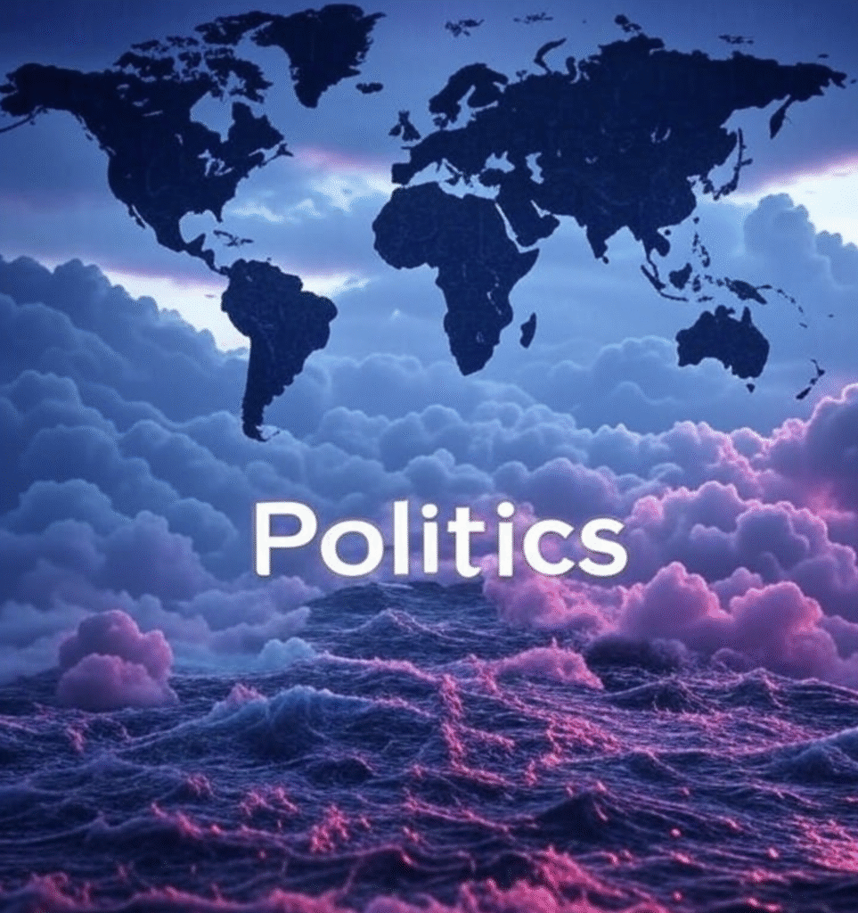 stormy world map in the background, symbolizing global political.