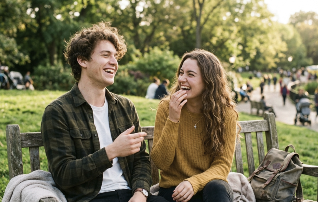 two people laughing outdoors